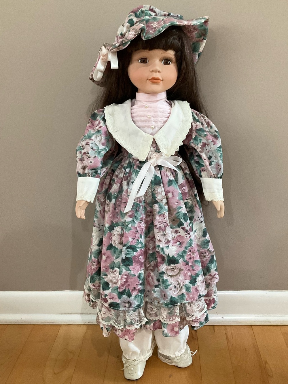Vintage-Style Floral Porcelain Doll in Pink and Green Dress